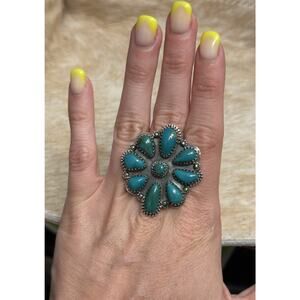 Native American SW Sterling Silver Turquoise Flower Cluster Multi-Stone Ring 8.5